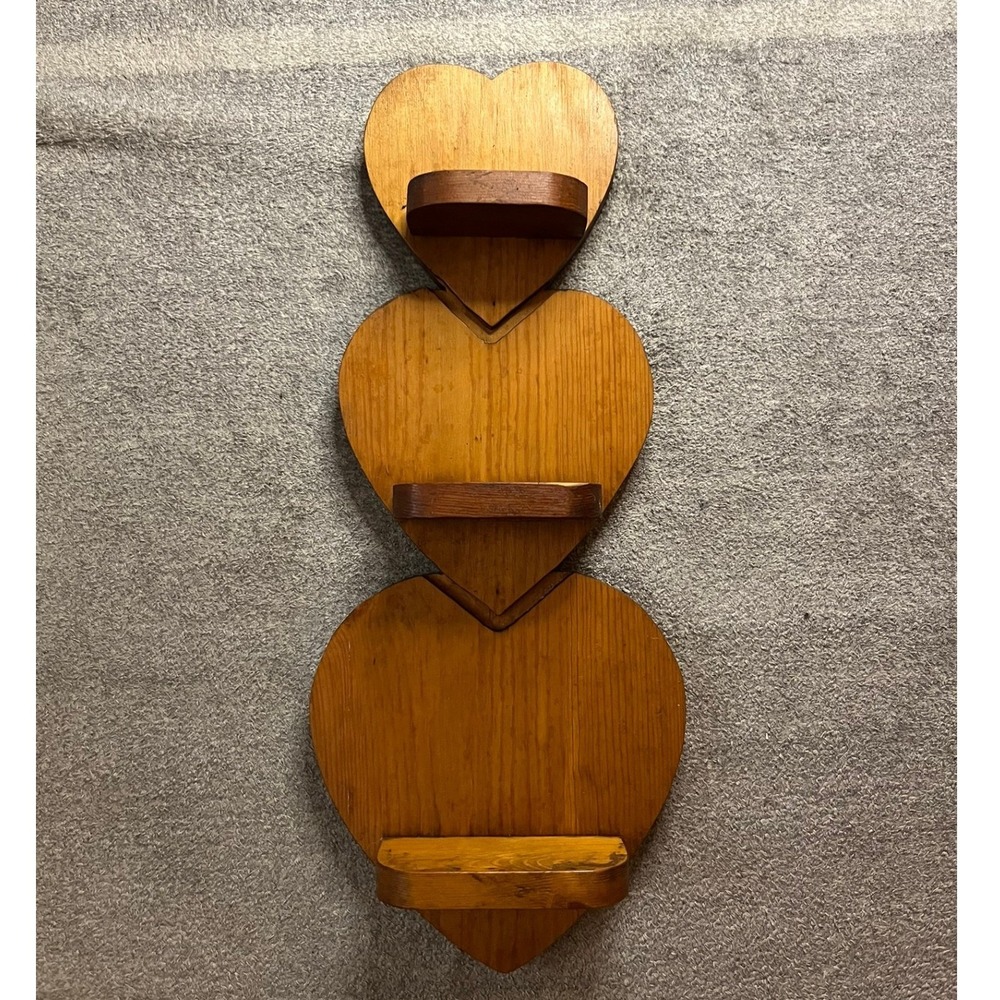 Vintage Triple Heart Wooden Wall Shelf Rustic Handmade 3 Tier Cottagecore